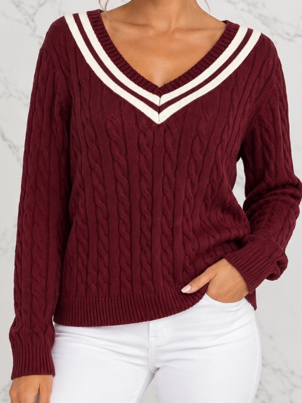 Lands End 100% Cotton Varsity Collegiate Cable Knit Sweater Burgundy SZ Large